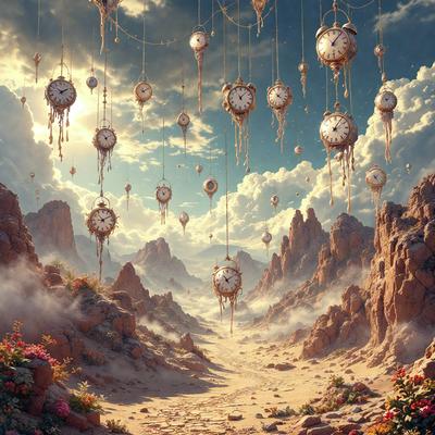 Primary subject: Clocks
Setting/background: Mountains
Visual style: Digital art
Colors and mood: Blue and white
